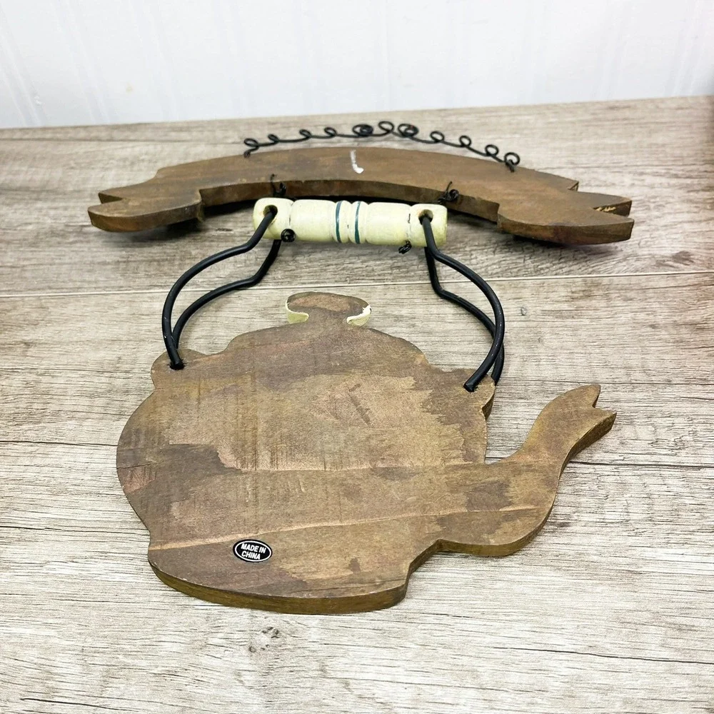 Vintage Rustic Wood Tea Time Welcome Friends Teapot Wall Hanging Kitchen Decor